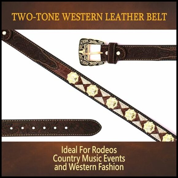 Genuine Leather Western Concho Belt with Tooled Embossing main image 4